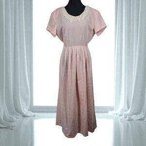 VTG Debra Martin‎ Pink Gingham Dress Lace Collar Short Sleeve Midi Women Size 12